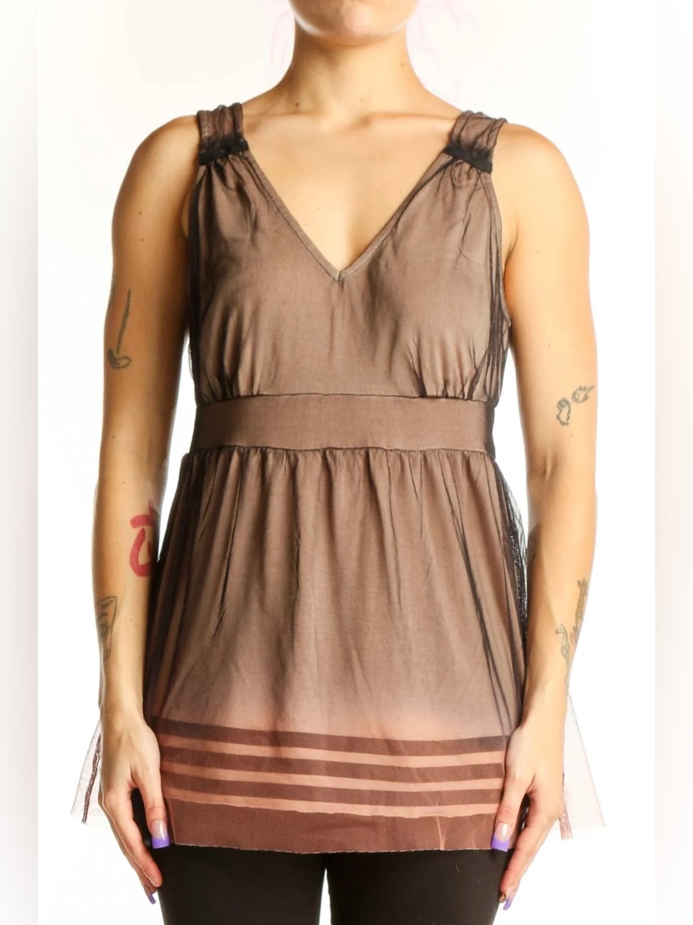 The Limited Brown Mesh Overlay Babydoll Tank Top